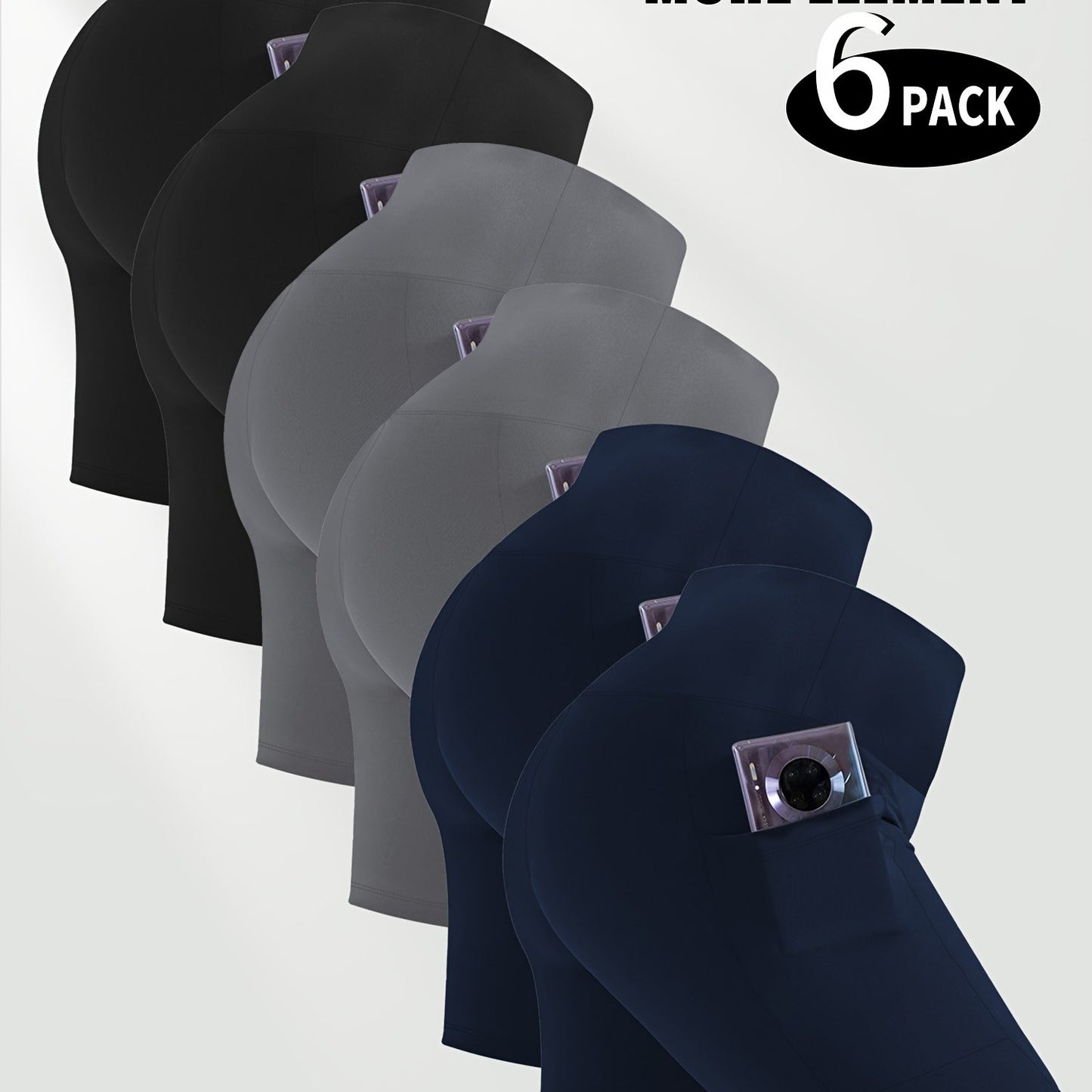 Set of six women's workout shorts with pockets in black, gray, and navy.