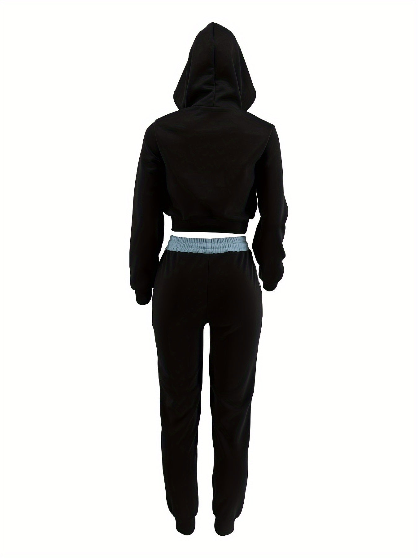 The back of a black women's luxury tracksuit set on a white background