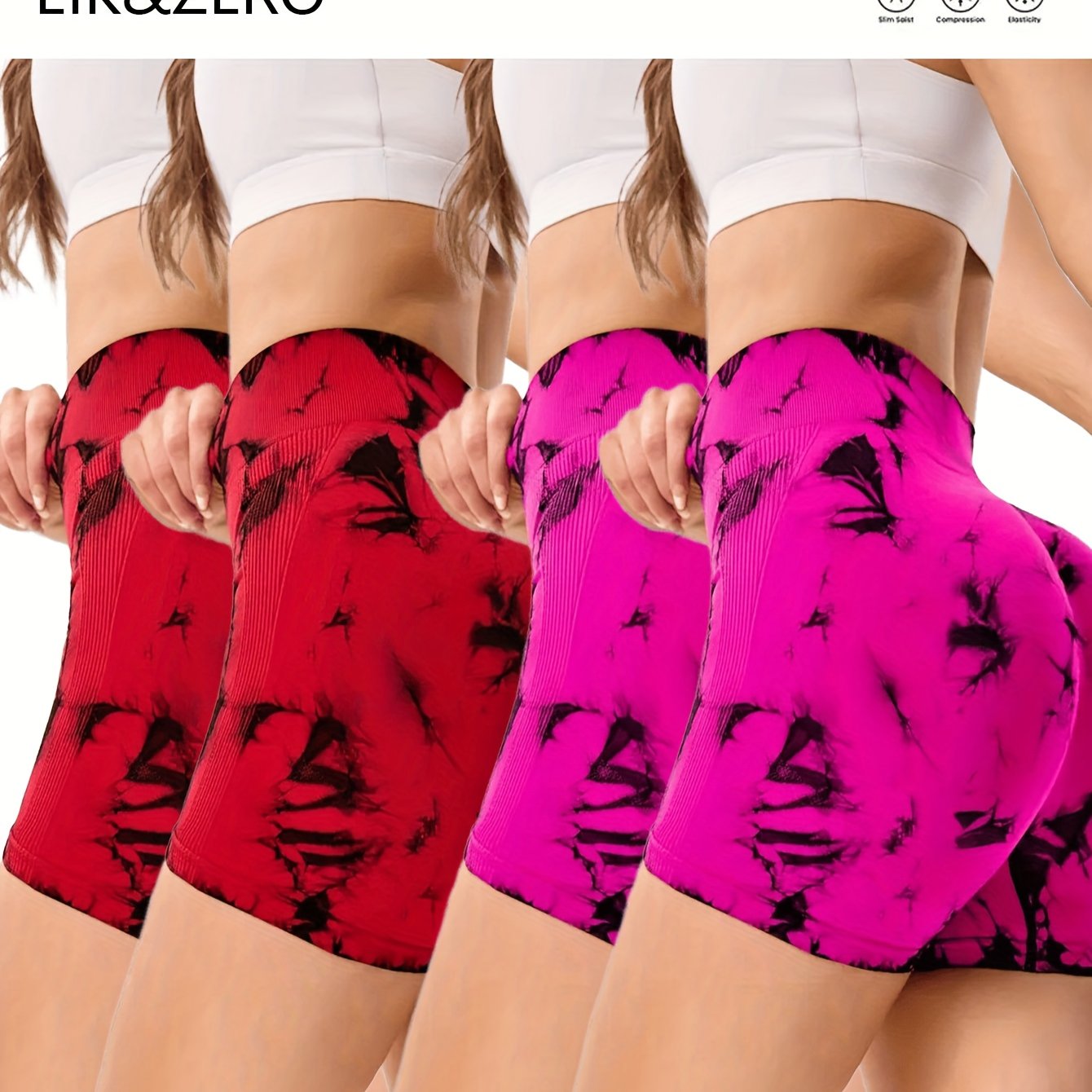 Red and pink women's yoga shorts with black abstract patterns worn by a person.