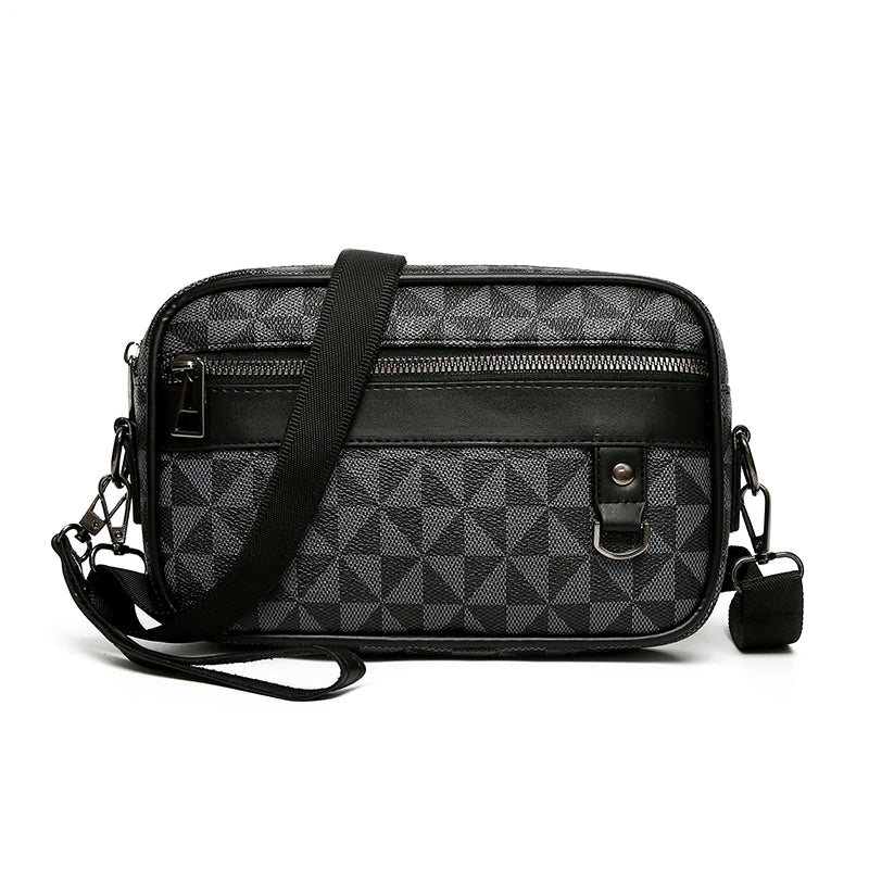 Black geometric patterned leather toiletry bag on a white background