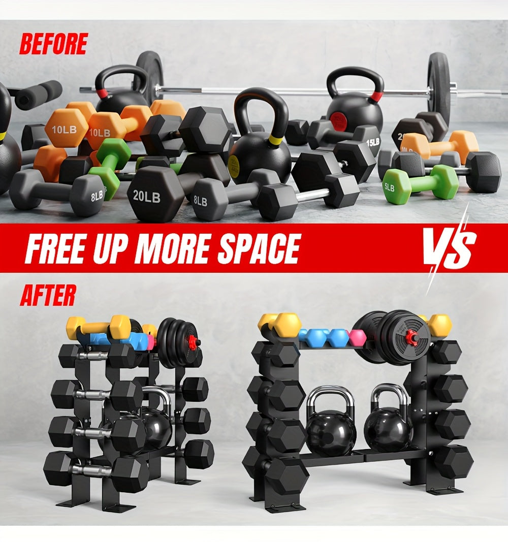 Before and after comparison of weightlifting equipment on a rack.