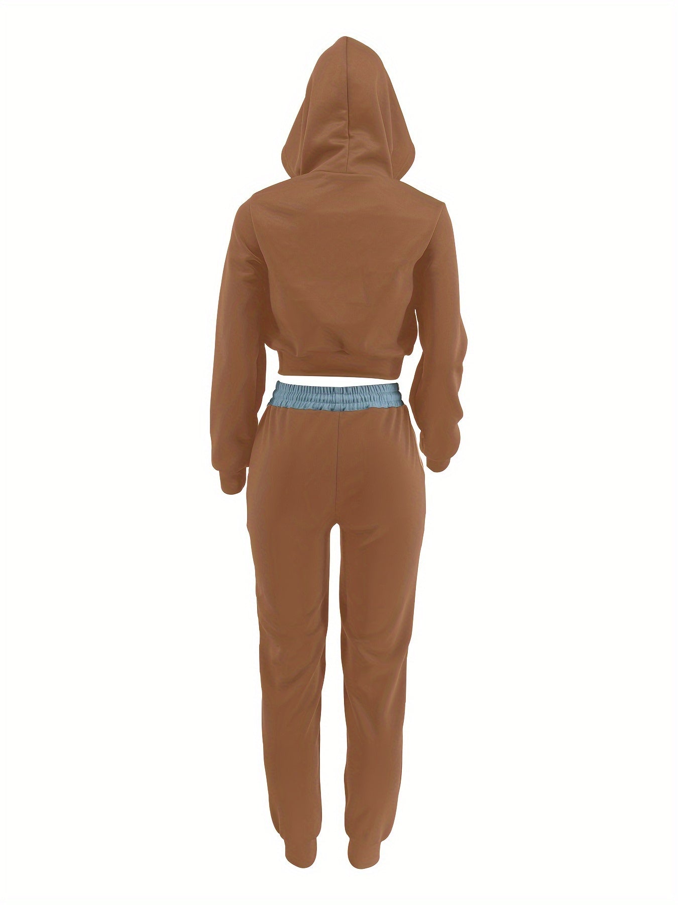 Brown women's luxury tracksuit set with a hood on a white background