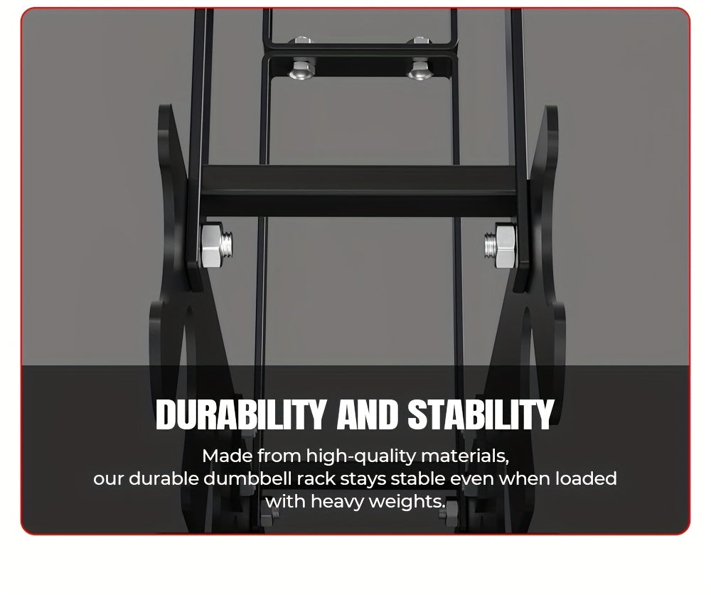 Black dumbbell rack with text highlighting durability and stability on a gray background