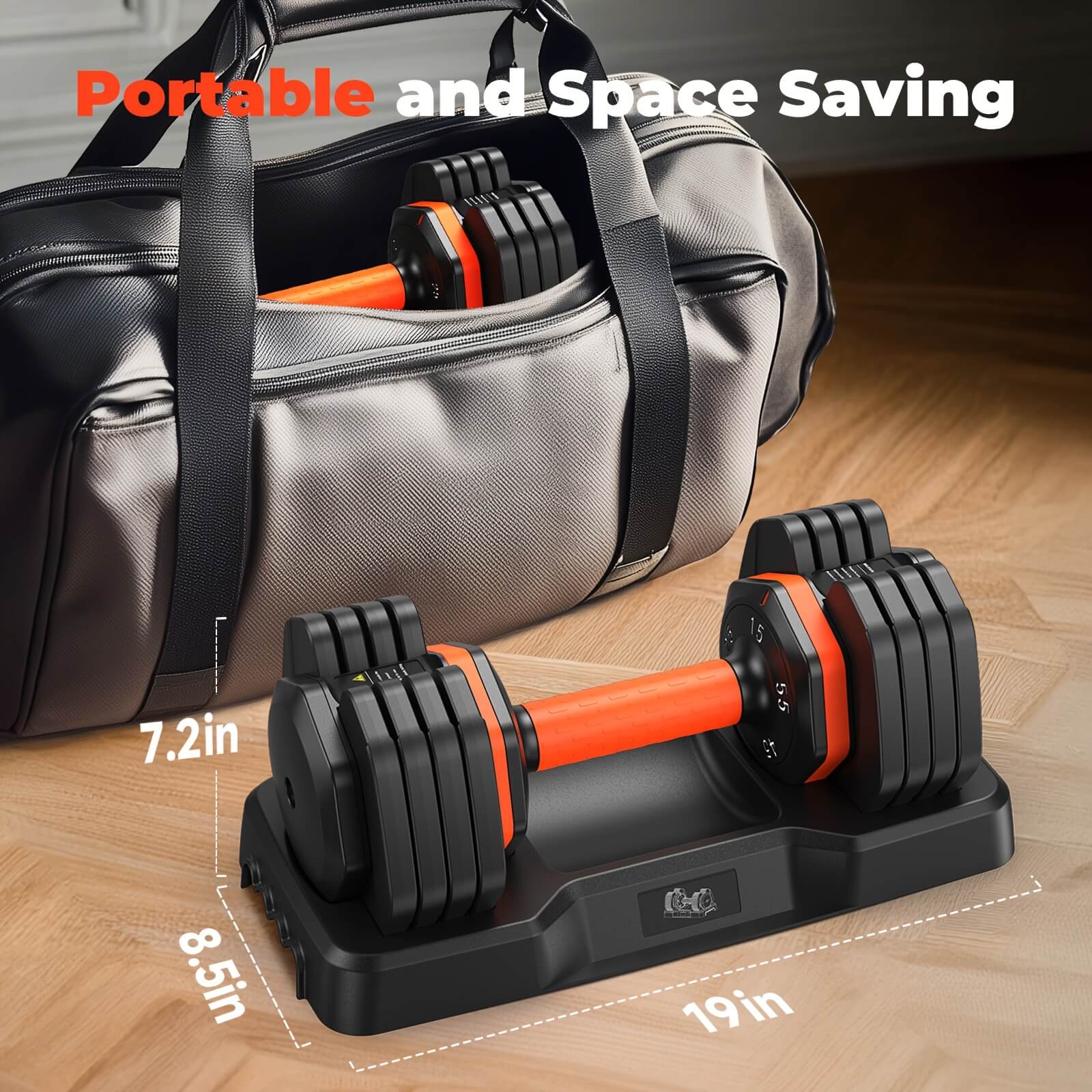 Dimension of an adjustable dumbbell with carrying bag on a wooden floor, emphasizing portability and space saving.