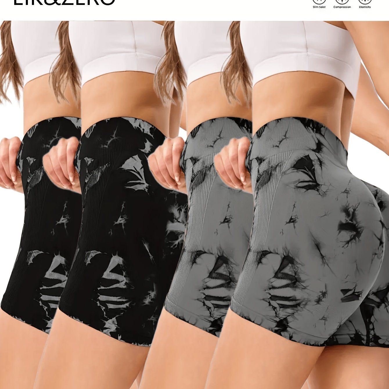 Black and gray patterned women's yoga shorts being worn by a person.