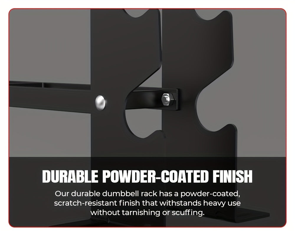 Durable powder-coated dumbbell rack with text highlighting its features.