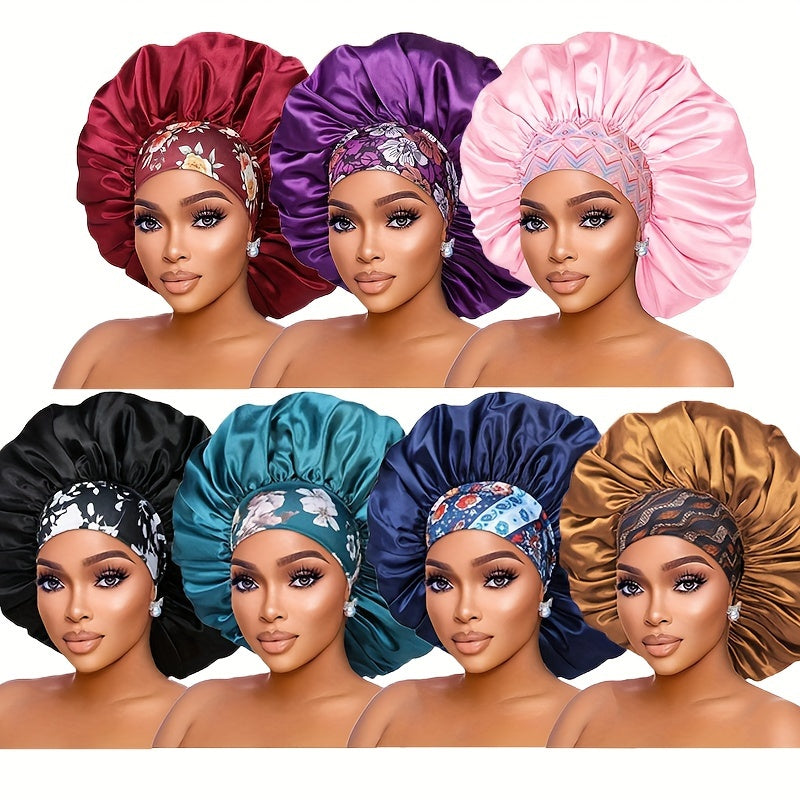 Set of satin bonnets in various colors worn by models on a white background