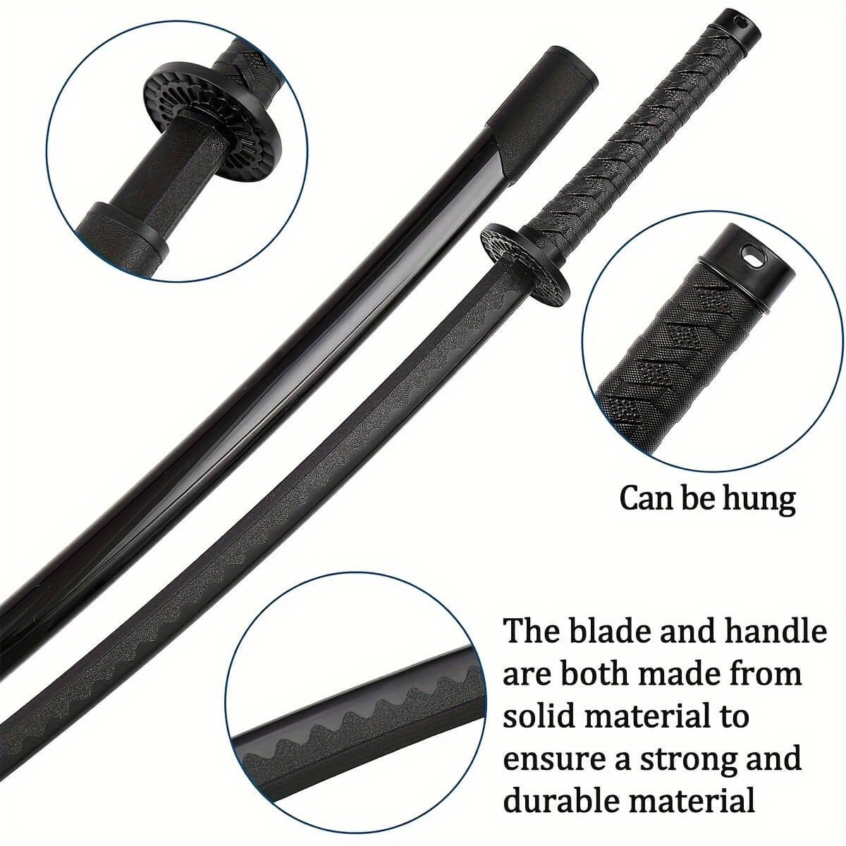 Black training sword with details on blade and handle on a white background