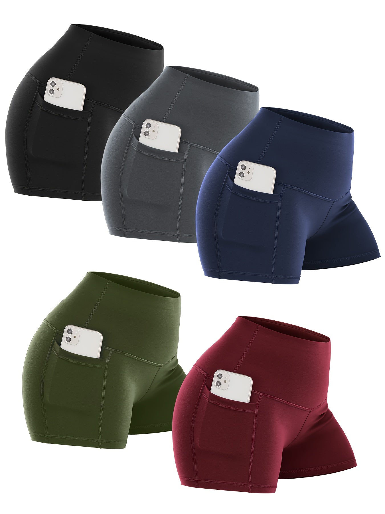 Set of five pairs of biker shorts with pockets in black, gray, blue, green, and red on a white background.