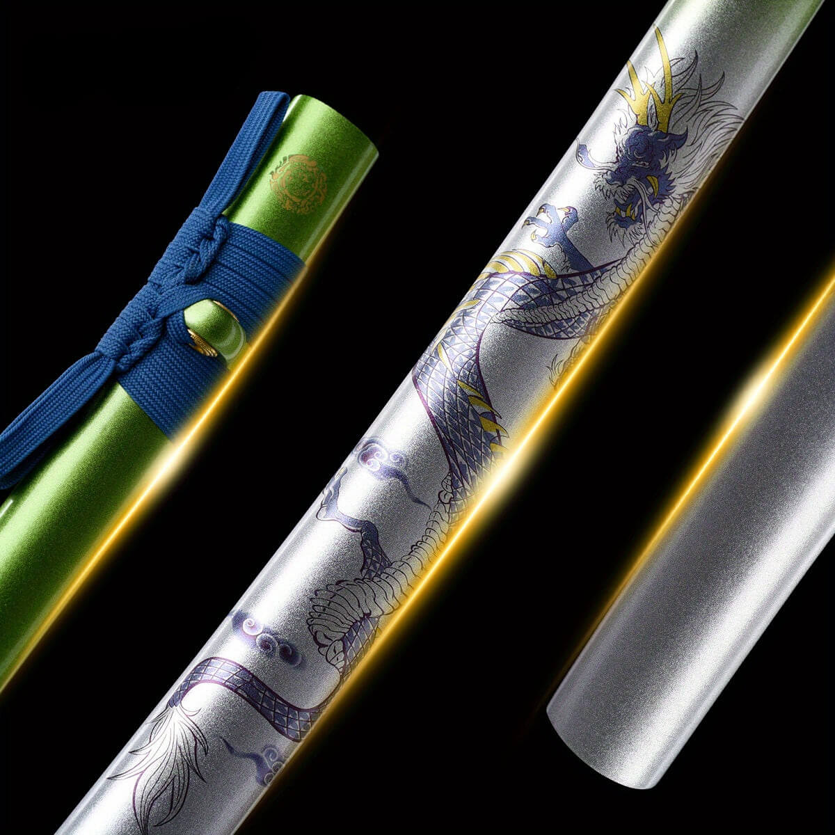 Two Ronin Samurai Sword sheaths with intricate designs on a black background