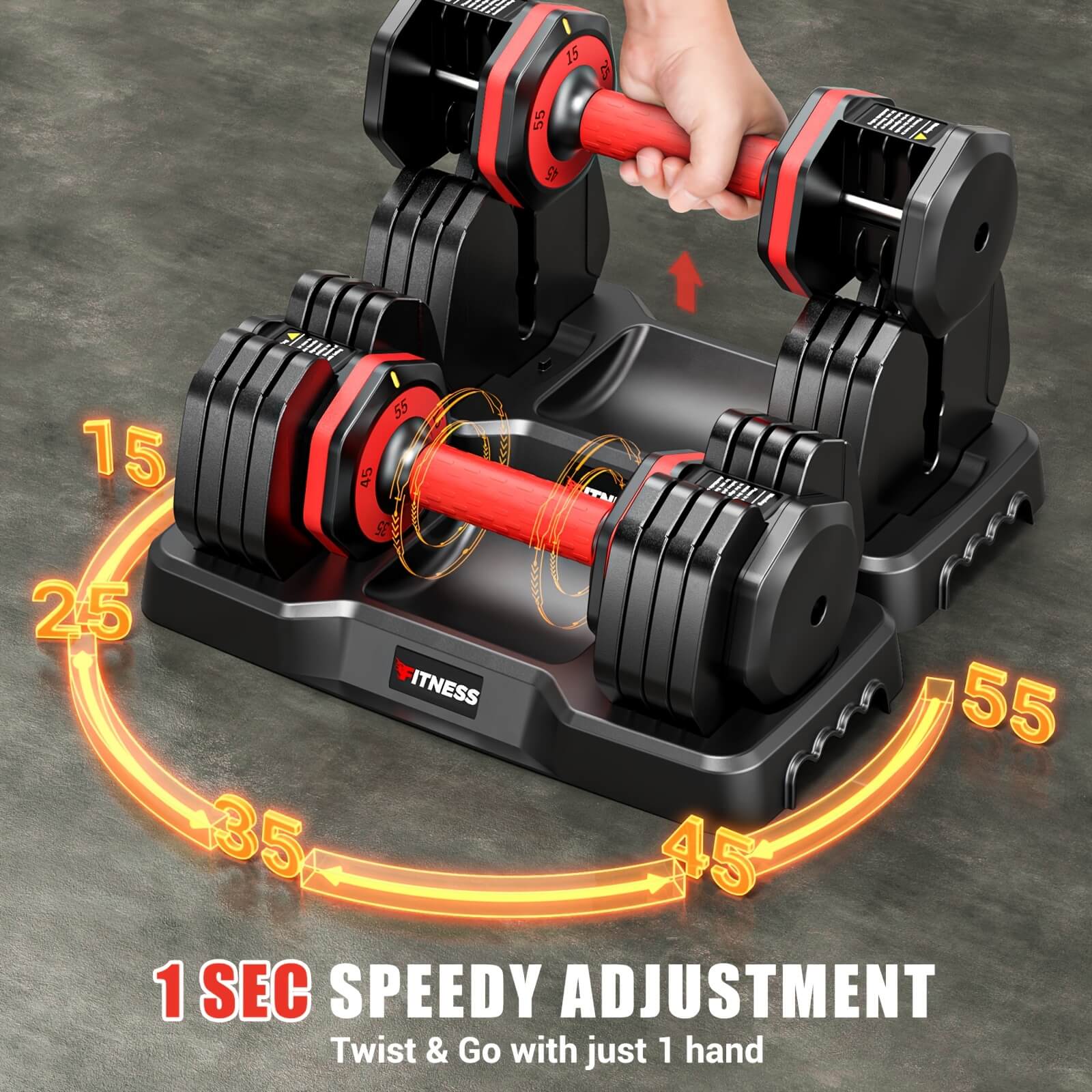 Heavy adjustable dumbbell set with a speedy adjustment feature on a gray background