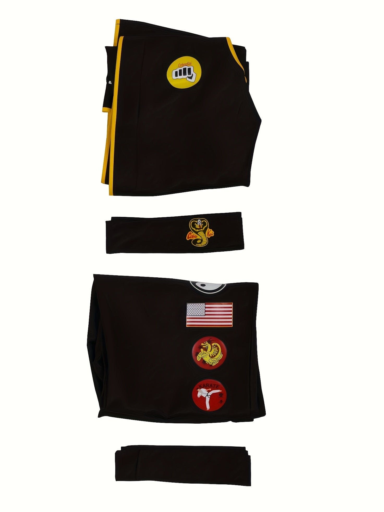 Black taekwondo uniform with various emblems on a white background