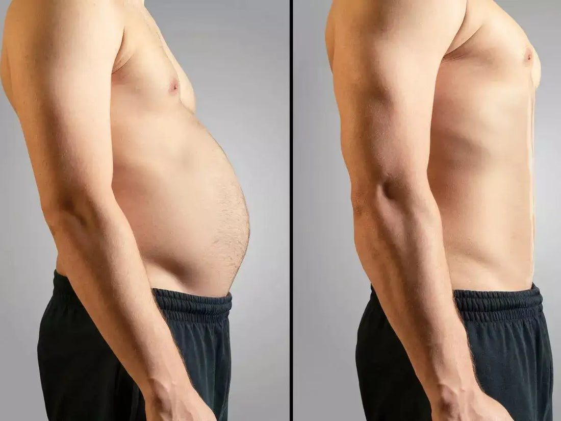 A before and after picture of a person who reduced in size as a result of a calorie deficit