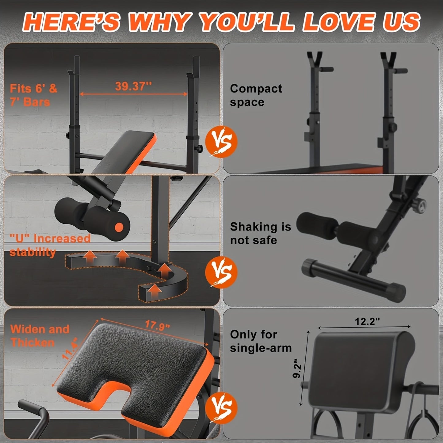 Comparison chart of a fitness bench with various features and specifications.