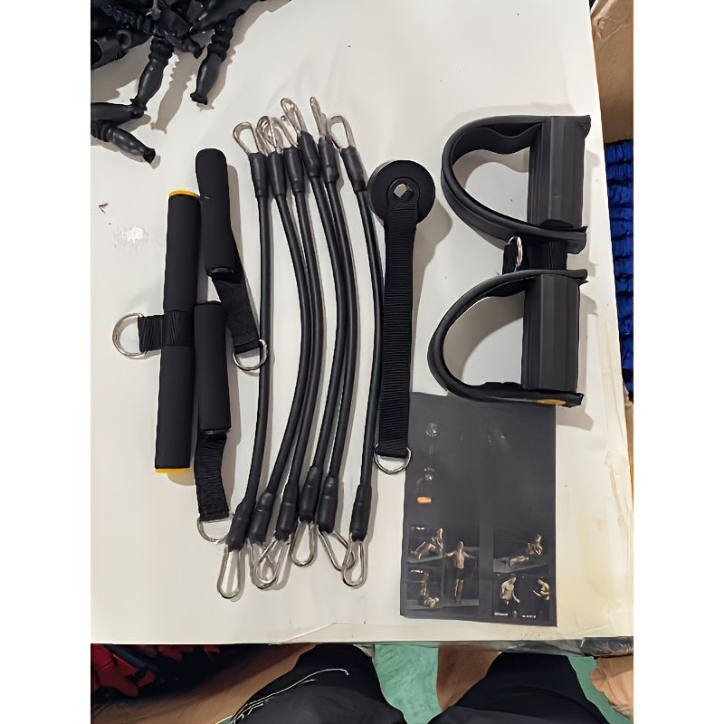 Set of Foot Pedal Resistance Band and handles on a white surface with exercise instructions.