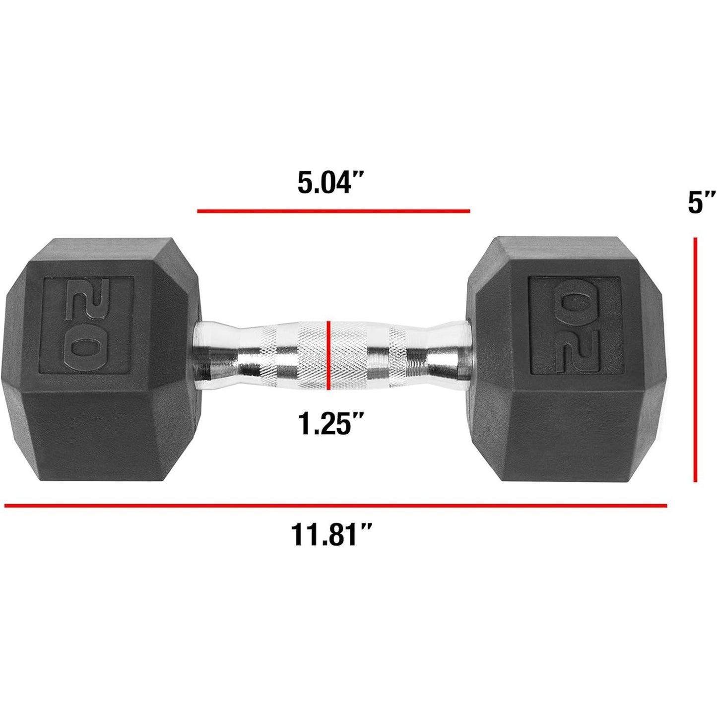 Hexagonal dumbbell with measurements on a white background
