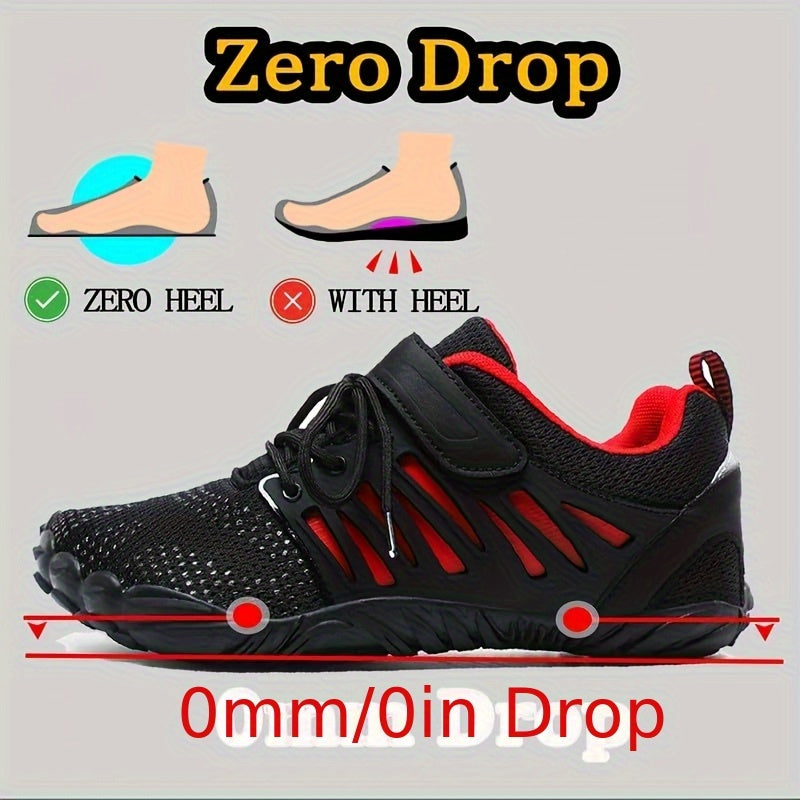 Black and red athletic barefoot hiking shoes with 'Zero Drop' feature illustration on a gray background