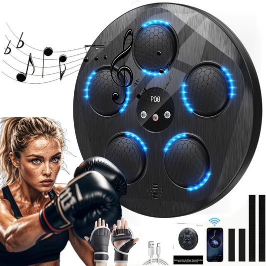 Black boxing music machine with blue lights, boxing gloves, and a woman in a black sports bra and black boxing gloves.