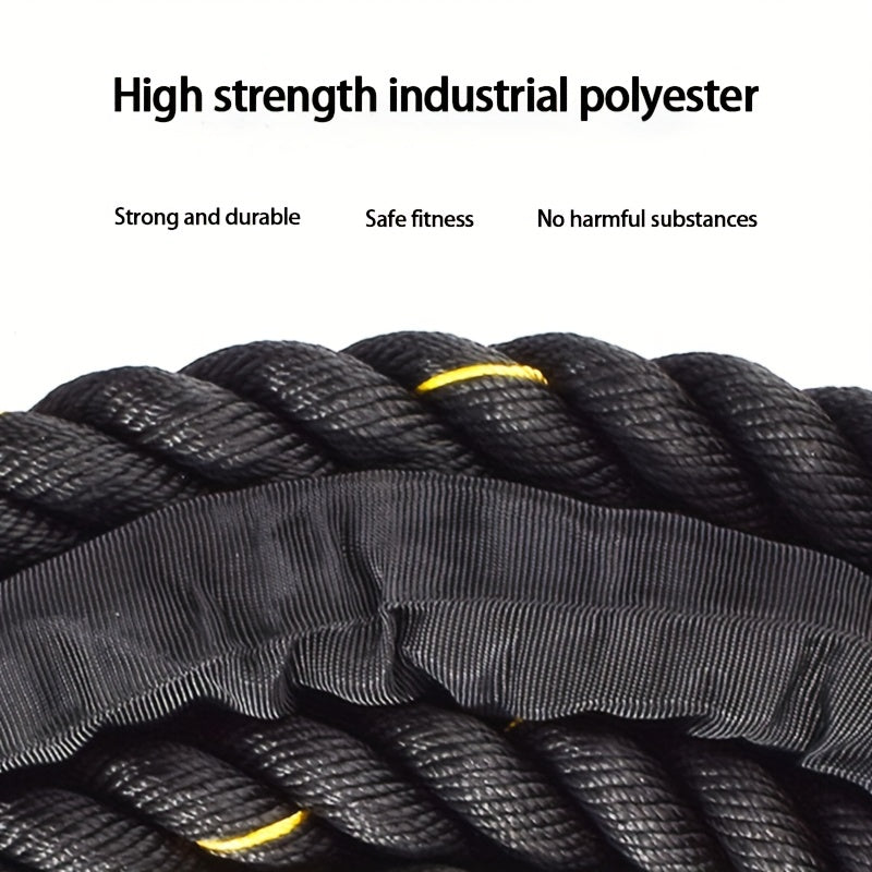 Black high-strength industrial polyester exercise battle rope on a white background