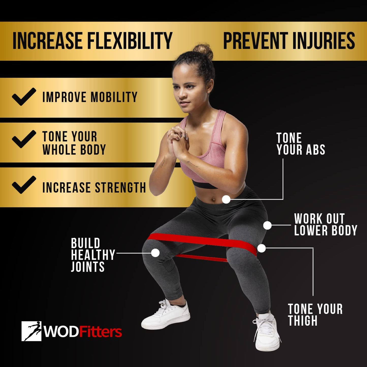 Woman exercising with resistance band, fitness benefits listed on a black and gold background