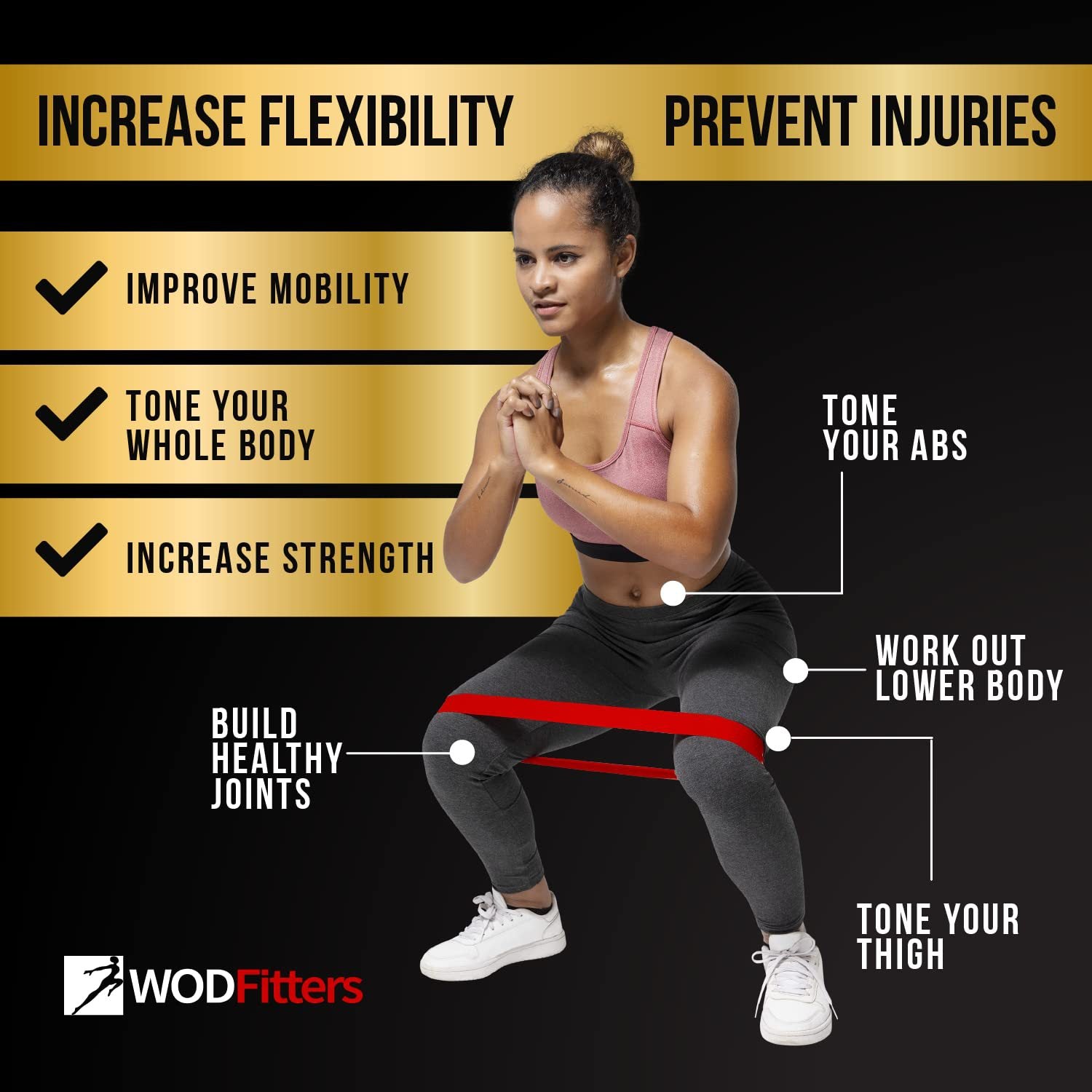 Woman exercising with resistance band, fitness benefits listed on a black and gold background