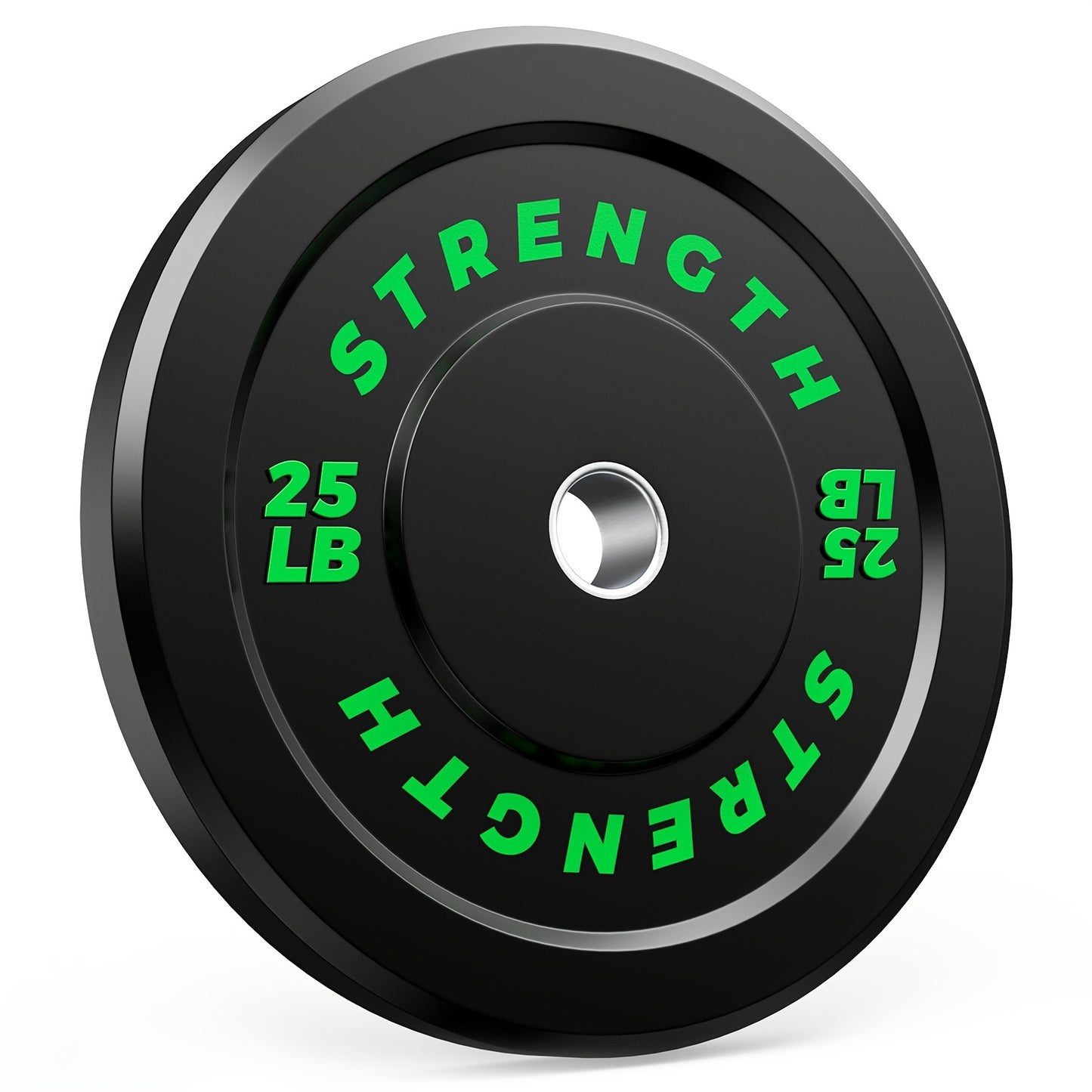 Black weight plate with green text displaying 'STRENGTH' and '25 LB' on a white background
