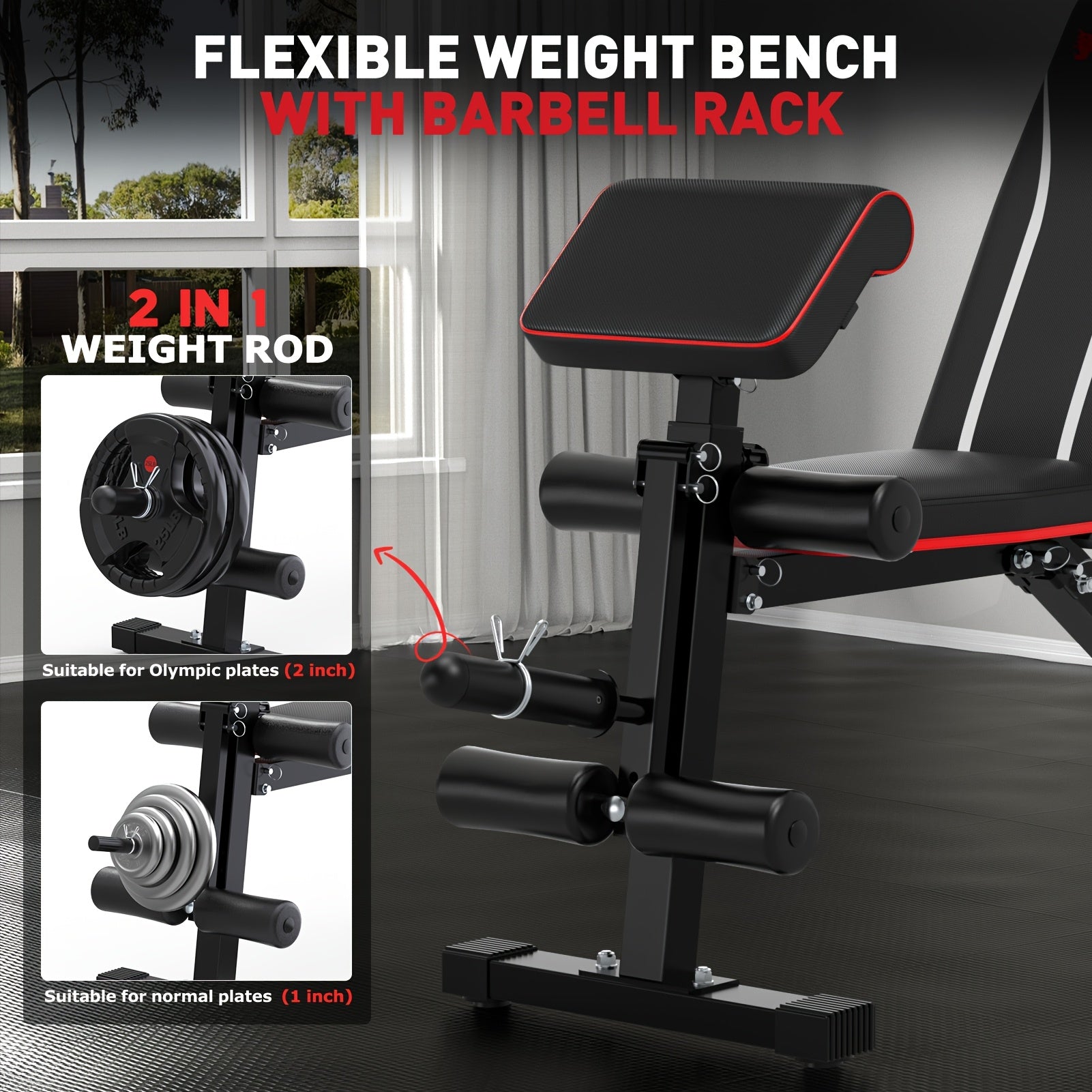 Black weight bench with barbell rack and weight rod attachment in a home setting.