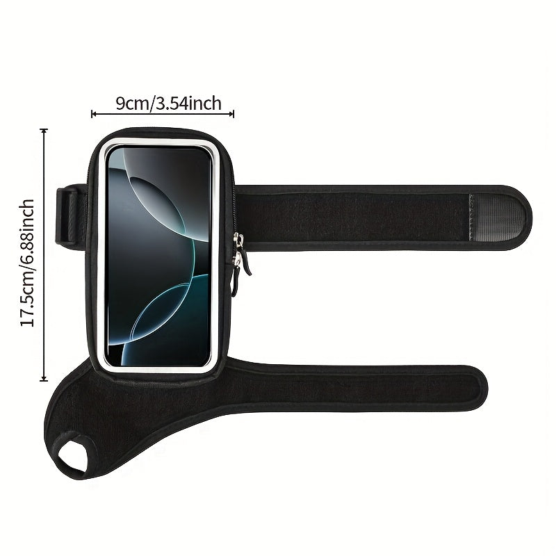Black phone holder for running with measurement details on a white background