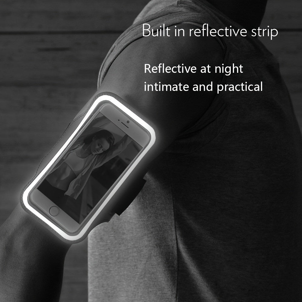 Black phone holder for running with reflective strip worn on arm, text indicating reflective feature.