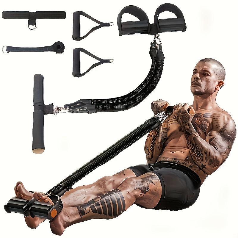 Man using a black Foot Pedal Resistance Band with various attachments on a white background