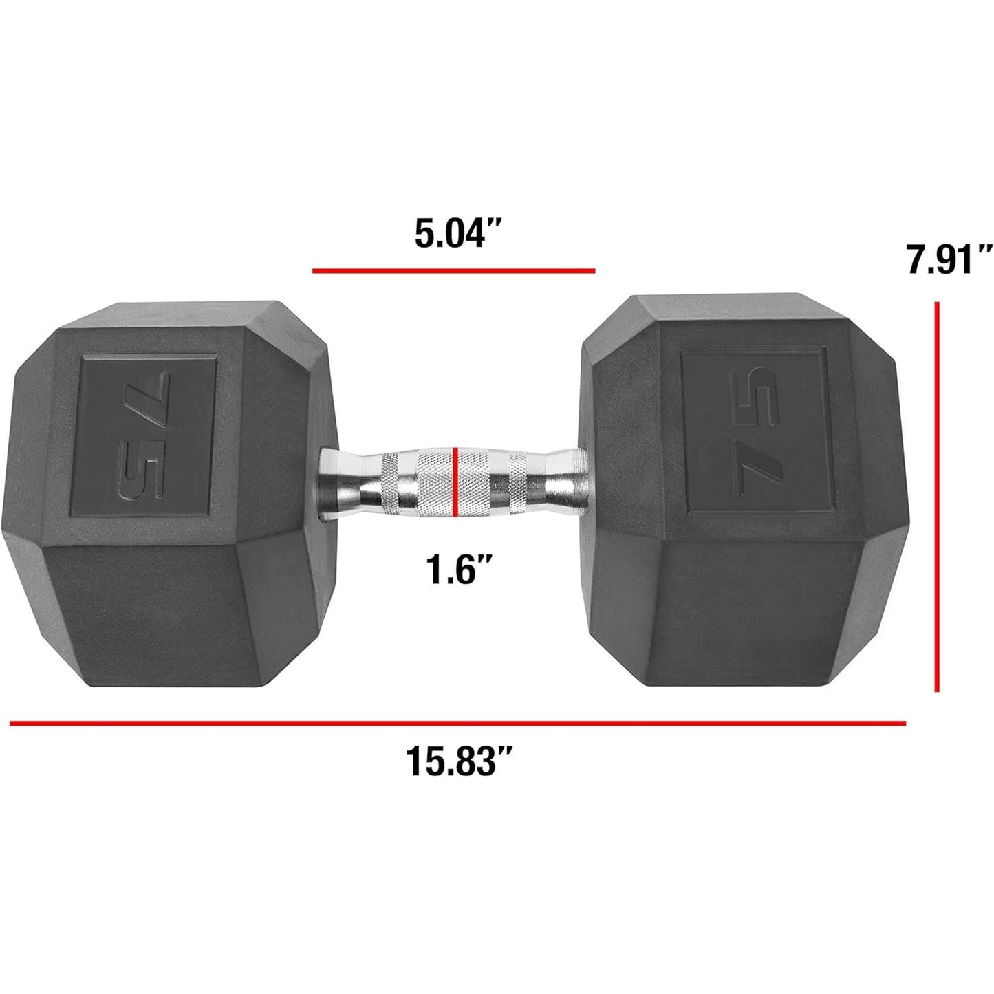 Hexagonal dumbbell with measurements on a white background