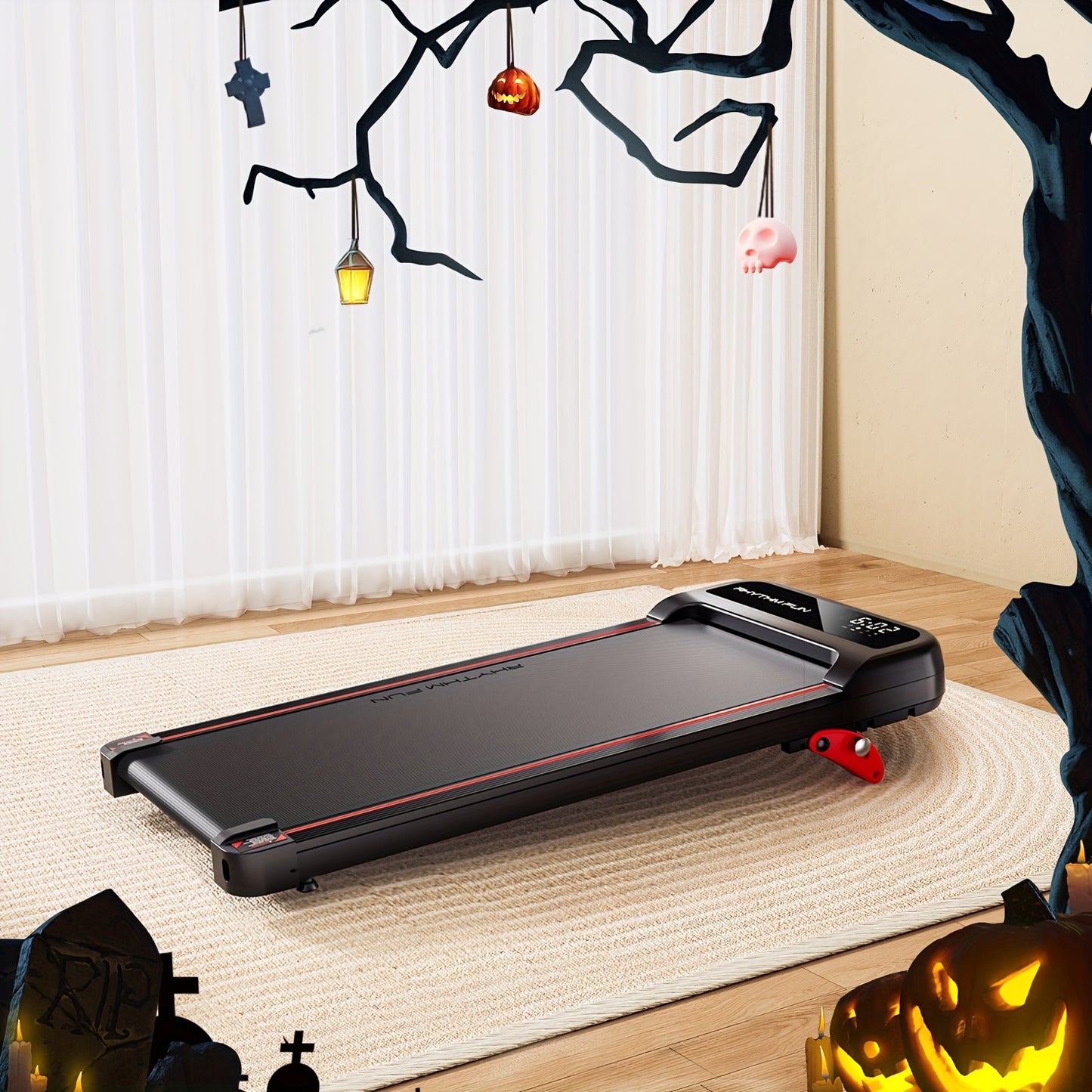 Black rhythm fun under desk treadmill on a wooden floor with Halloween decorations in the background