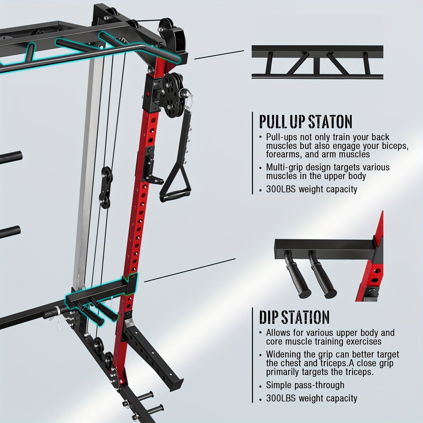 Fitness station with pull-up and dip stations on a light gray background