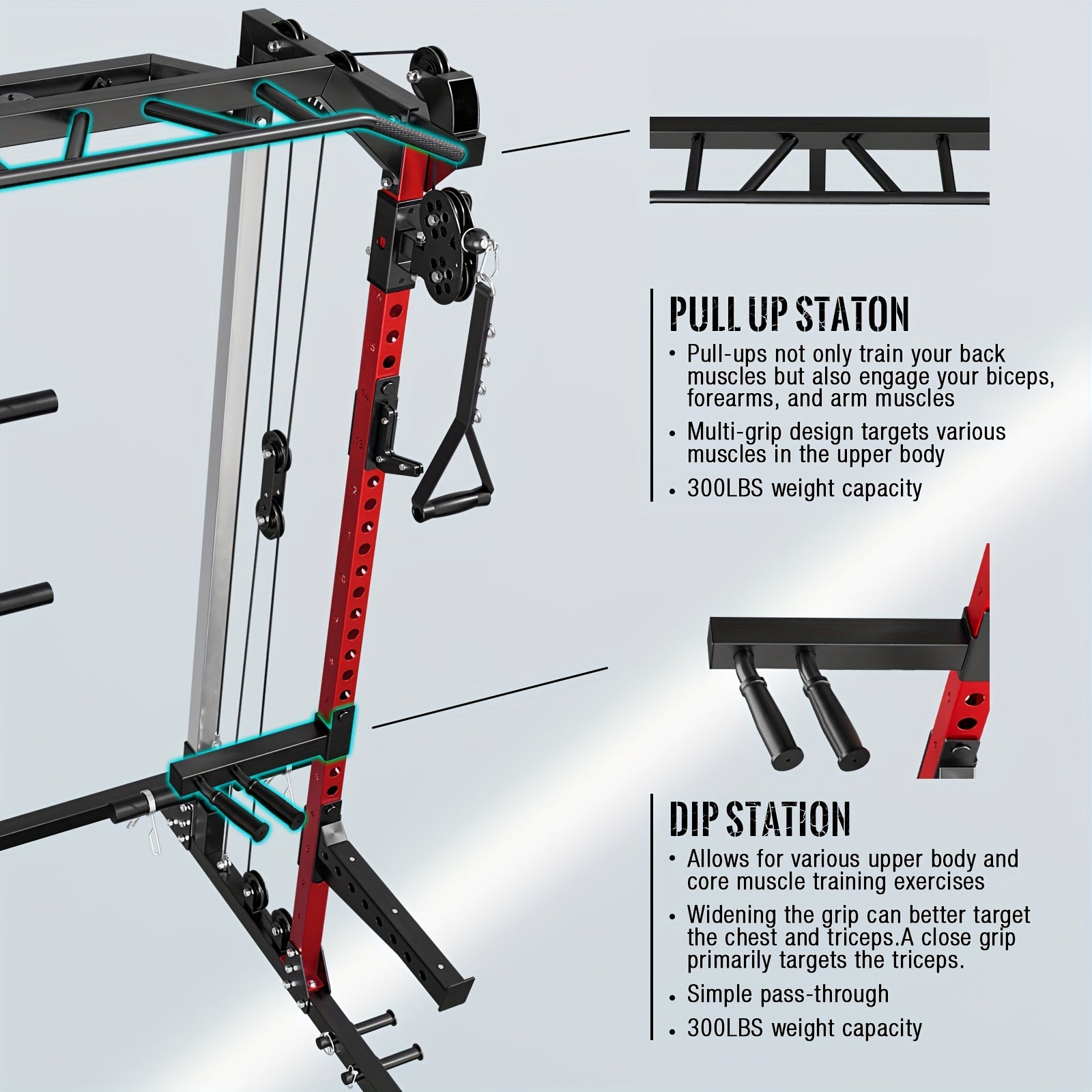Fitness station with pull-up and dip stations on a light gray background