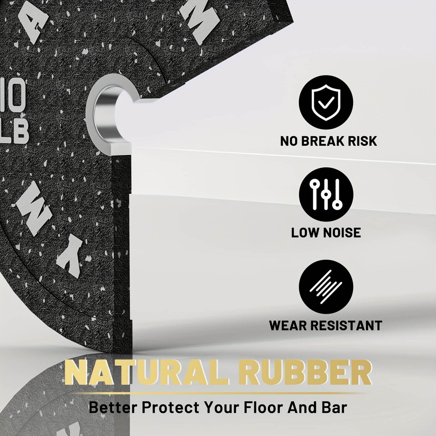 Gym bumper plate with features listed on a white background