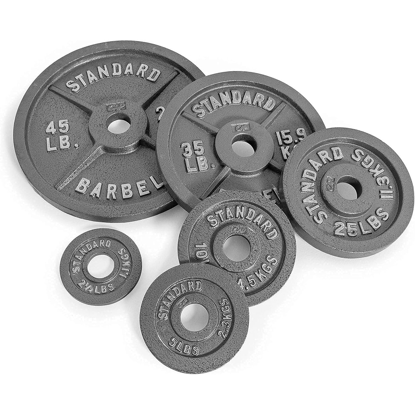 Set of weight plates with labeled weights on a white background