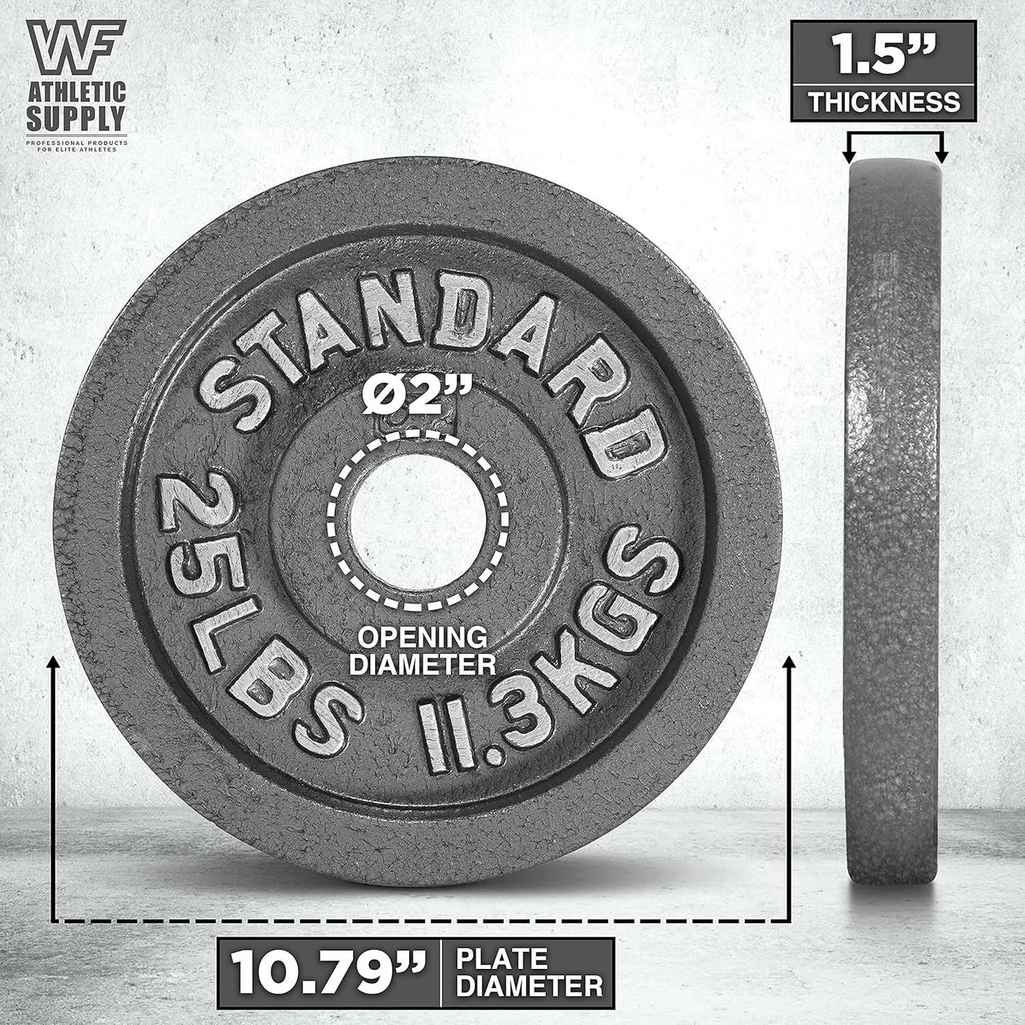 Weight plate with measurements on a gray background