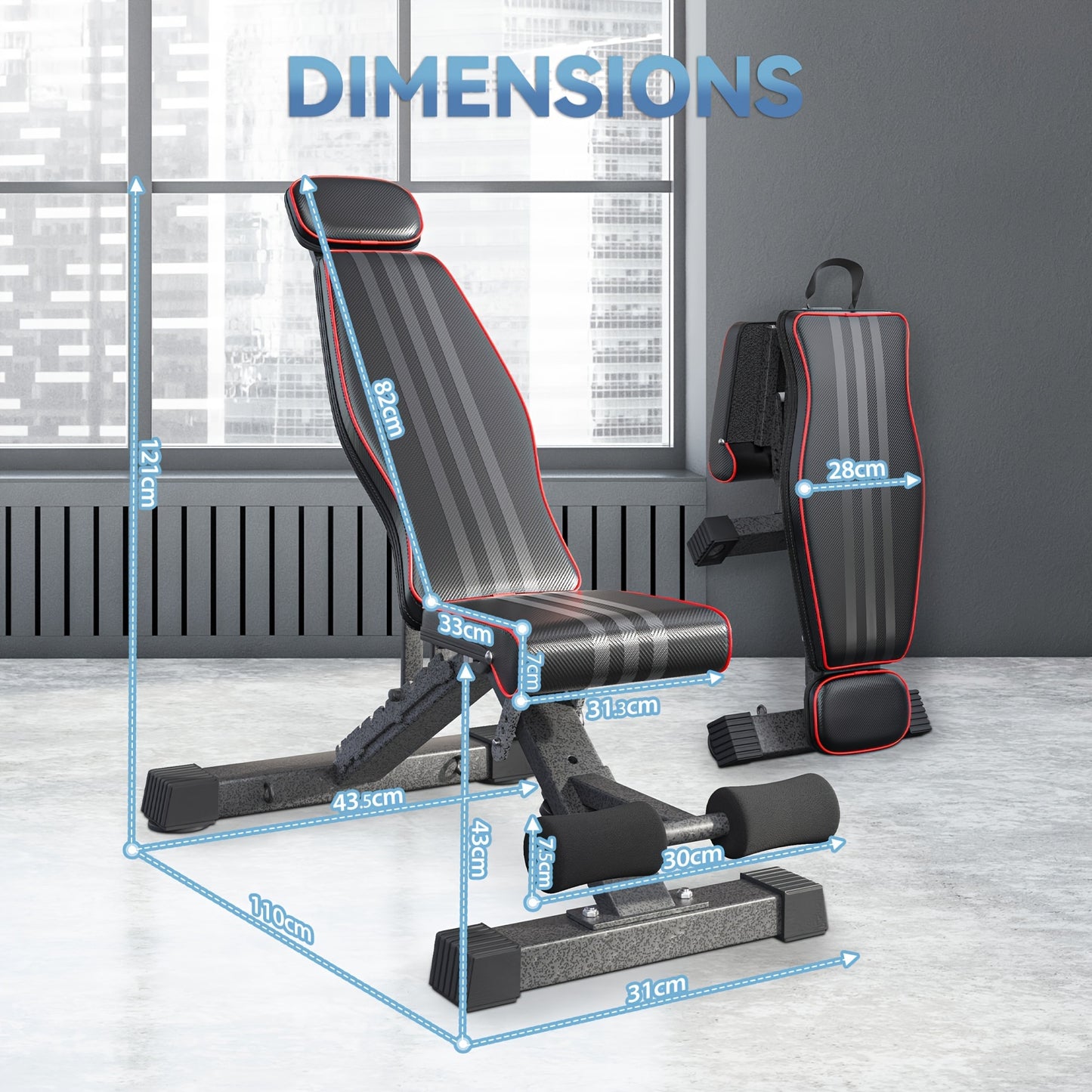 Weight adjustable bench with dimensions displayed on a gray floor.