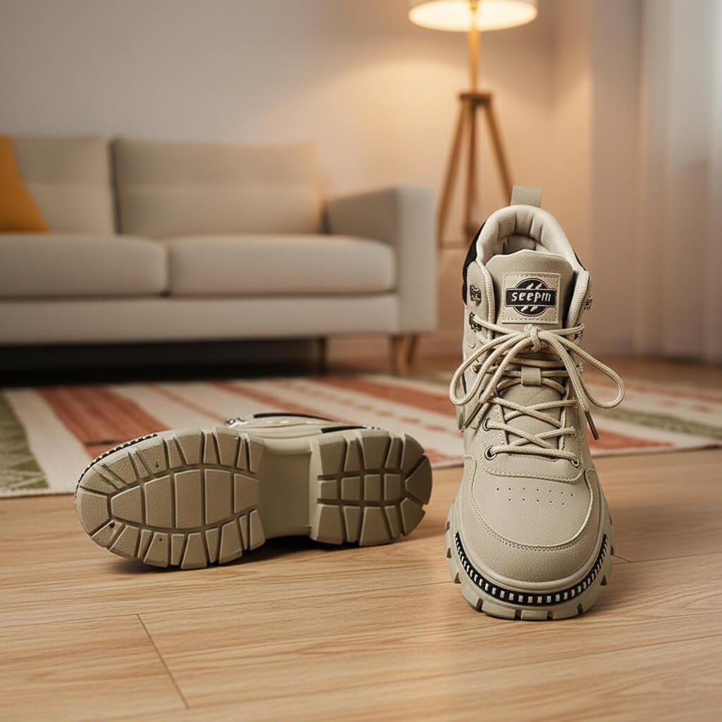 A pair of khaki Martin high top boots in a living room