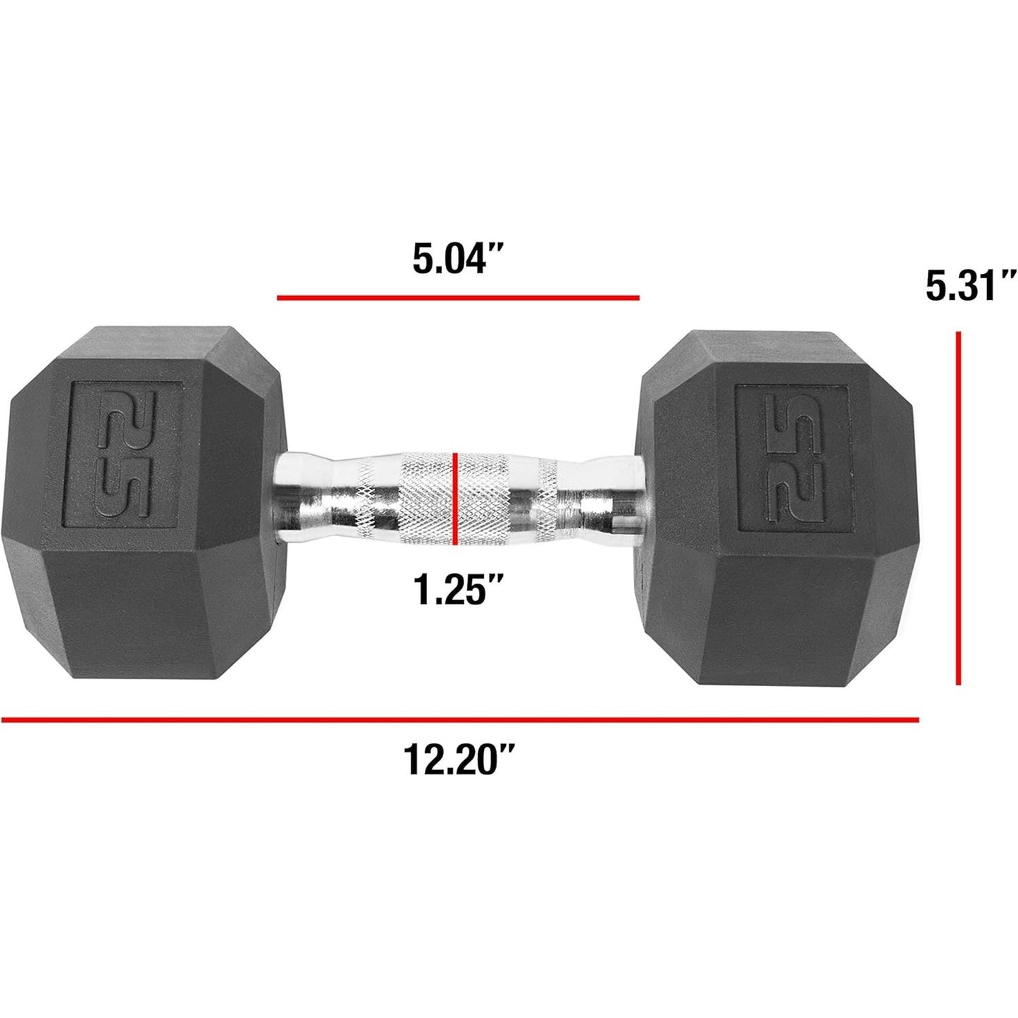 Hexagonal dumbbell with measurements on a white background