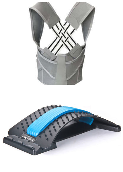 Gray and black posture corrector with blue support on a white background