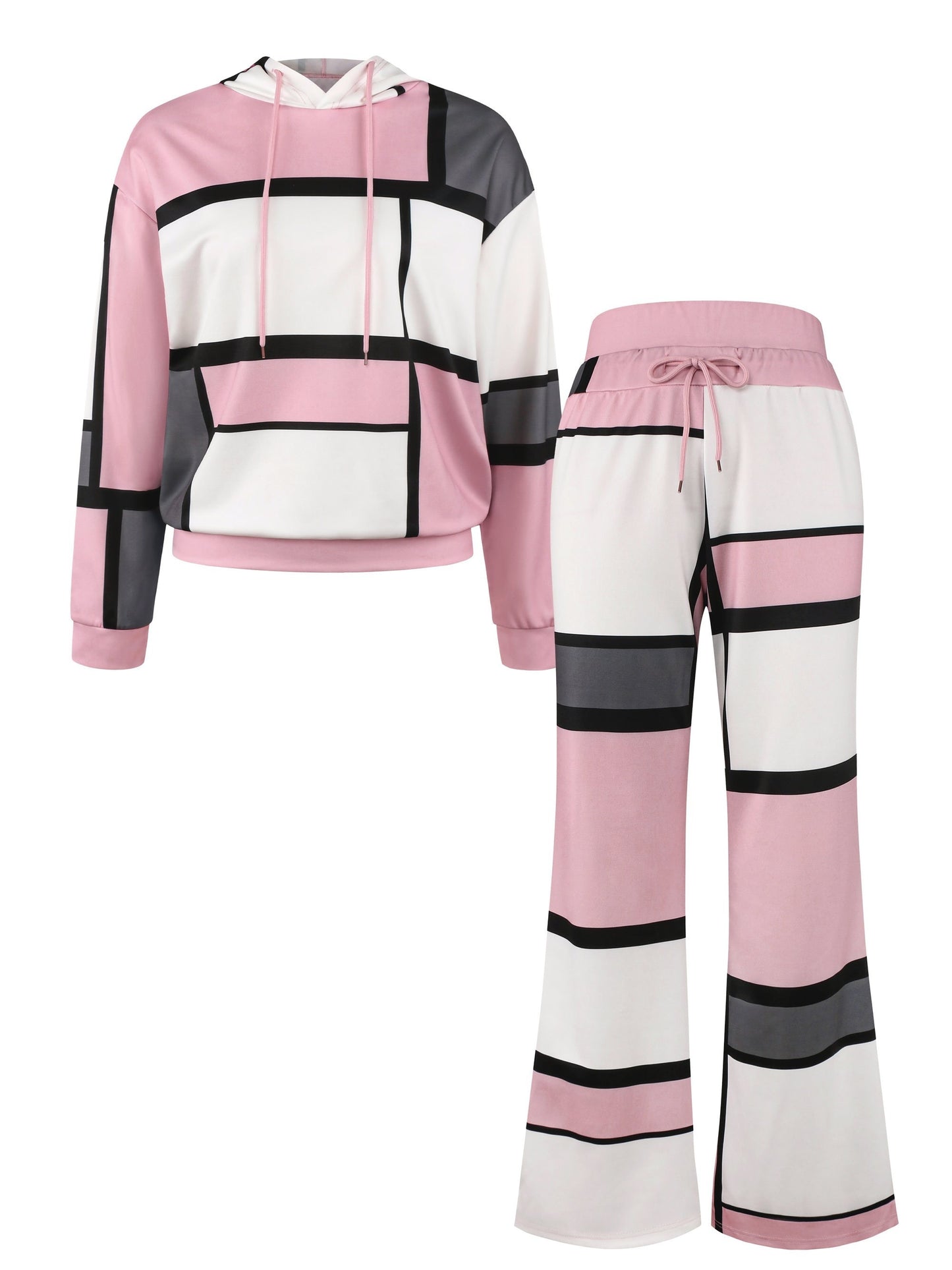 Color-blocked hoodie and pants women's two piece lounge set with pink, white, and gray stripes on a white background