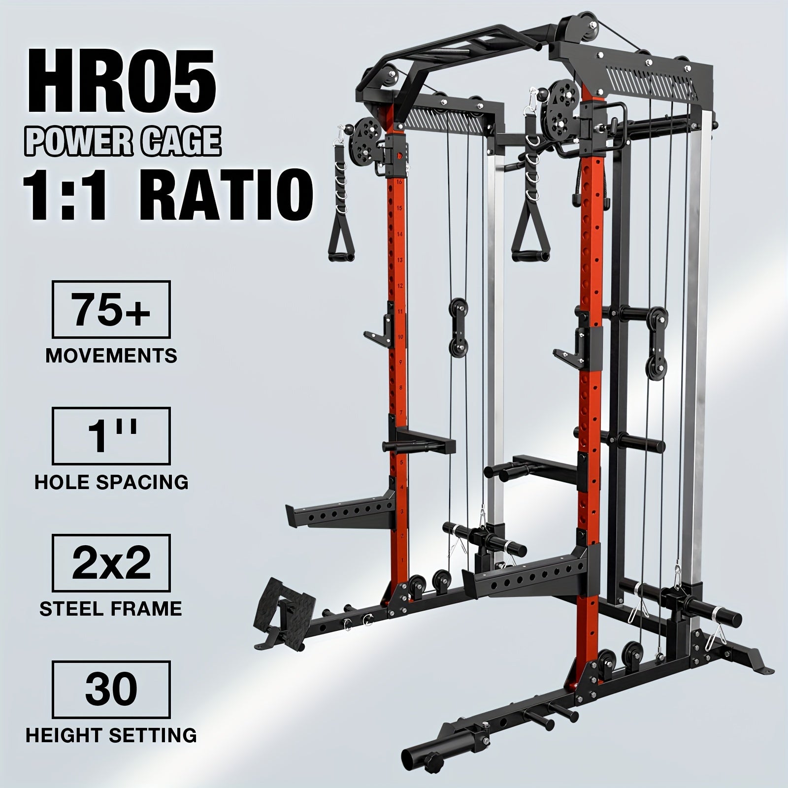 Power cage gym equipment with specifications on a gray background