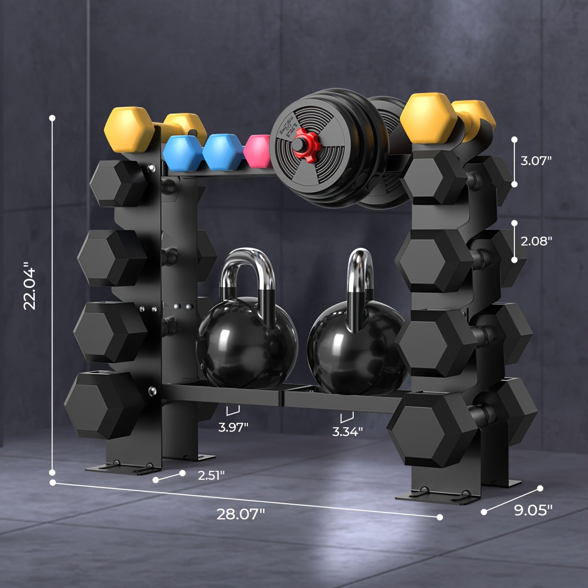 Black hexagonal weight rack with dumbbells and kettlebells on a dark background