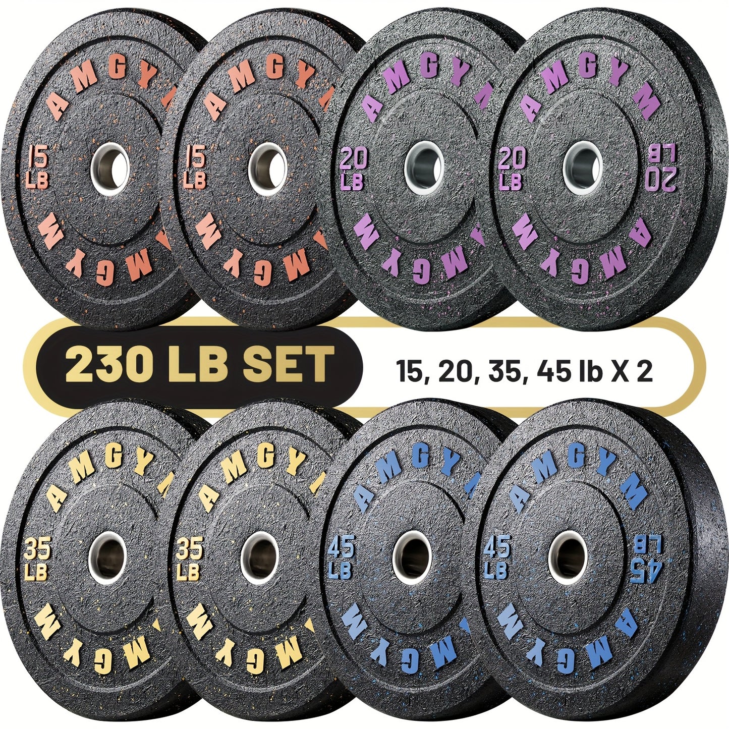 Set of weight plates with color-coded labels on a white background