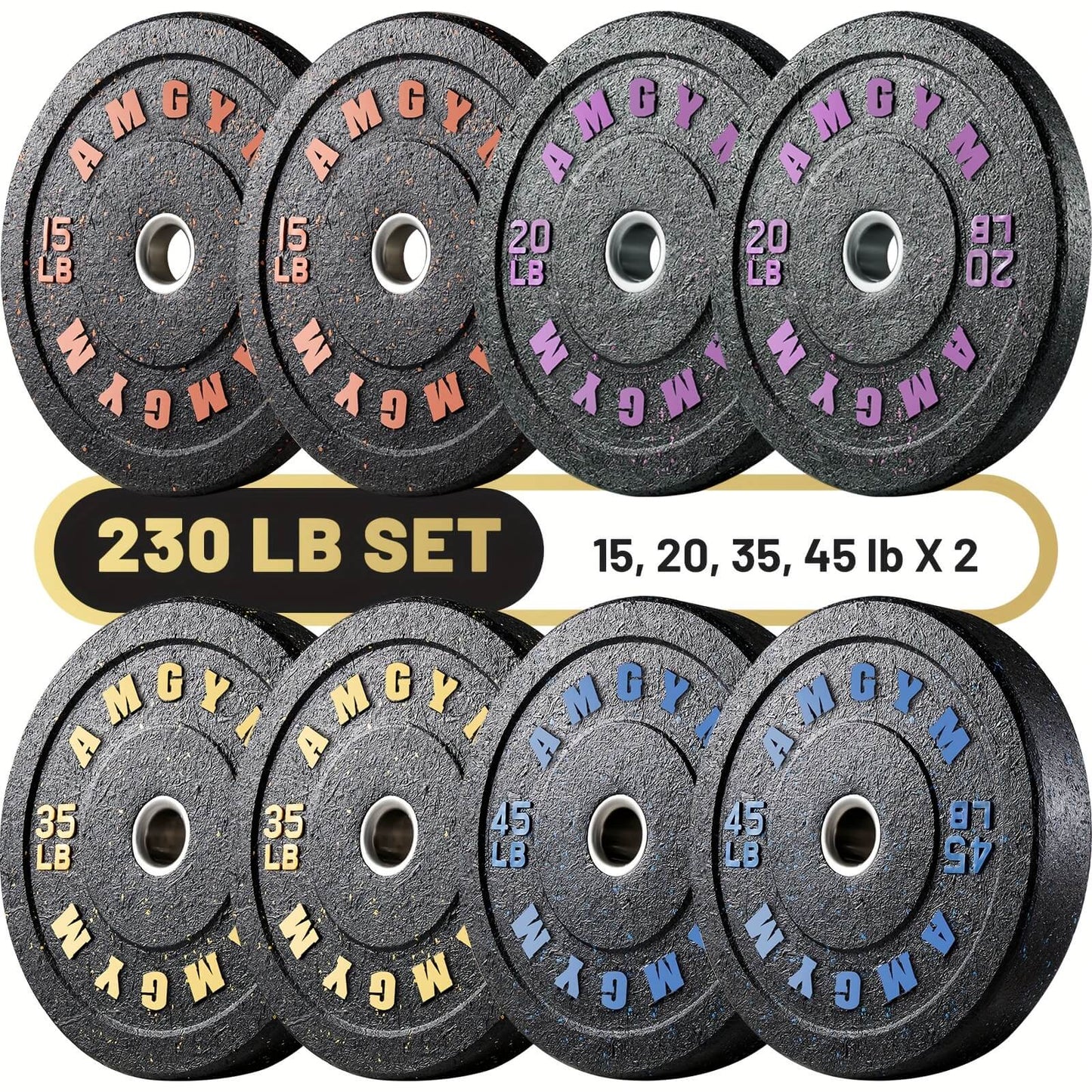 Set of weight plates with color-coded labels on a white background