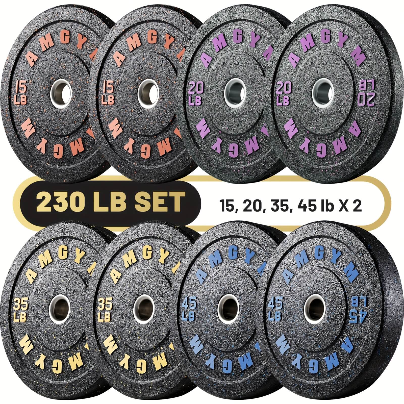 Set of weight plates with color-coded labels on a white background
