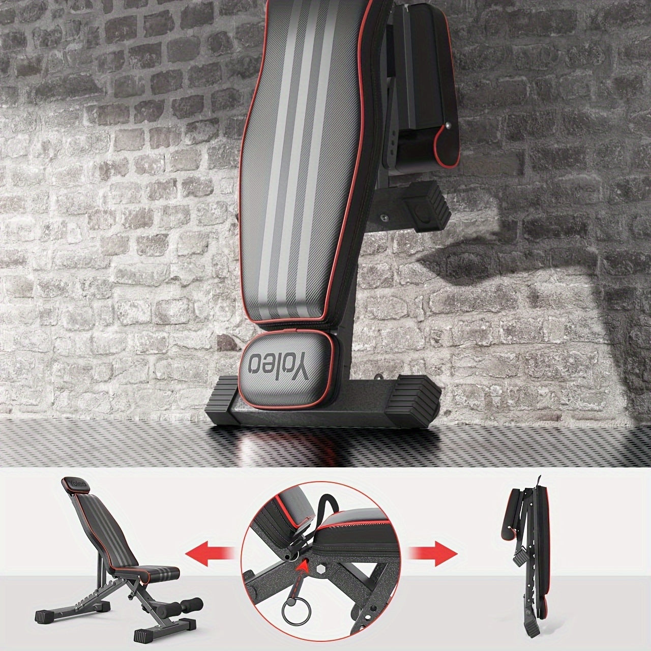 Adjustable weight bench against a brick wall with additional views of the product.