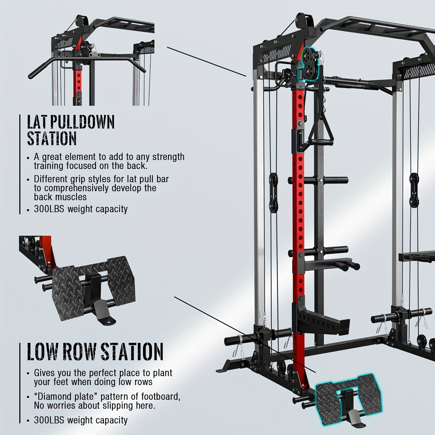 Smith machine with lat pulldown and low row stations on a gray background