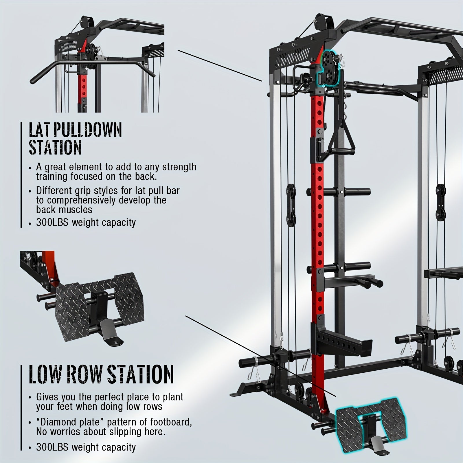 Smith machine with lat pulldown and low row stations on a gray background
